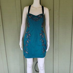 NWT FREE PEOPLE Teal Silver Embroidered Mini Dress 6